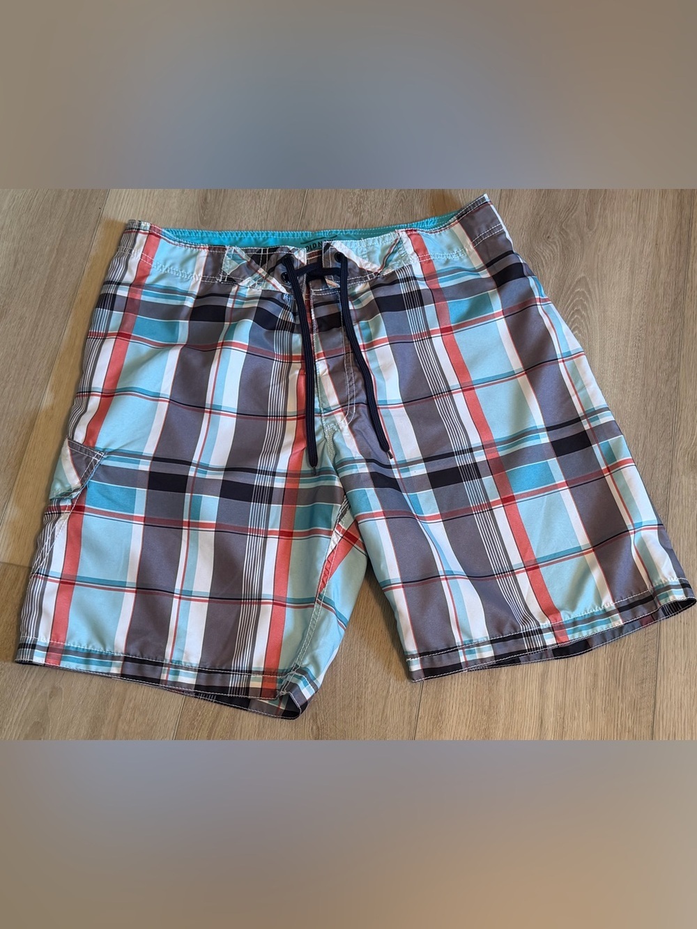 Men's Plaid Swim Shorts in Aqua & Gray - Classic Summer Boardshorts